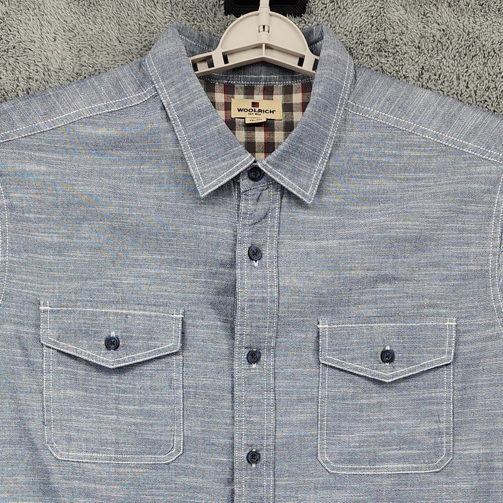 Woolrich Shirt Mens 2XL Blue Chambray Dual Pockets Contrast Stitching Outdoor